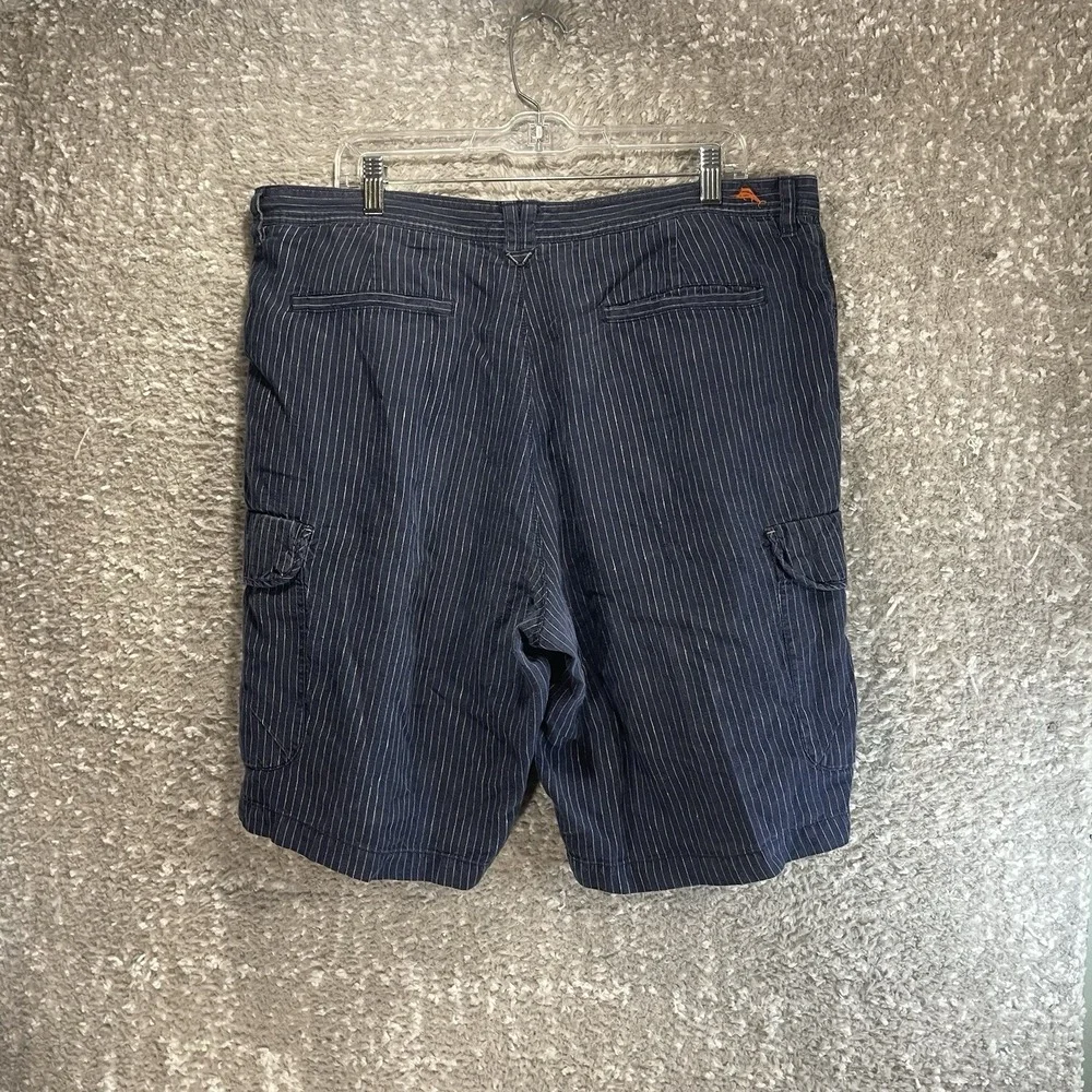 Tommy Bahama Paradise Nation Linen Cargo Shorts 38 Navy Blue Striped Casual
